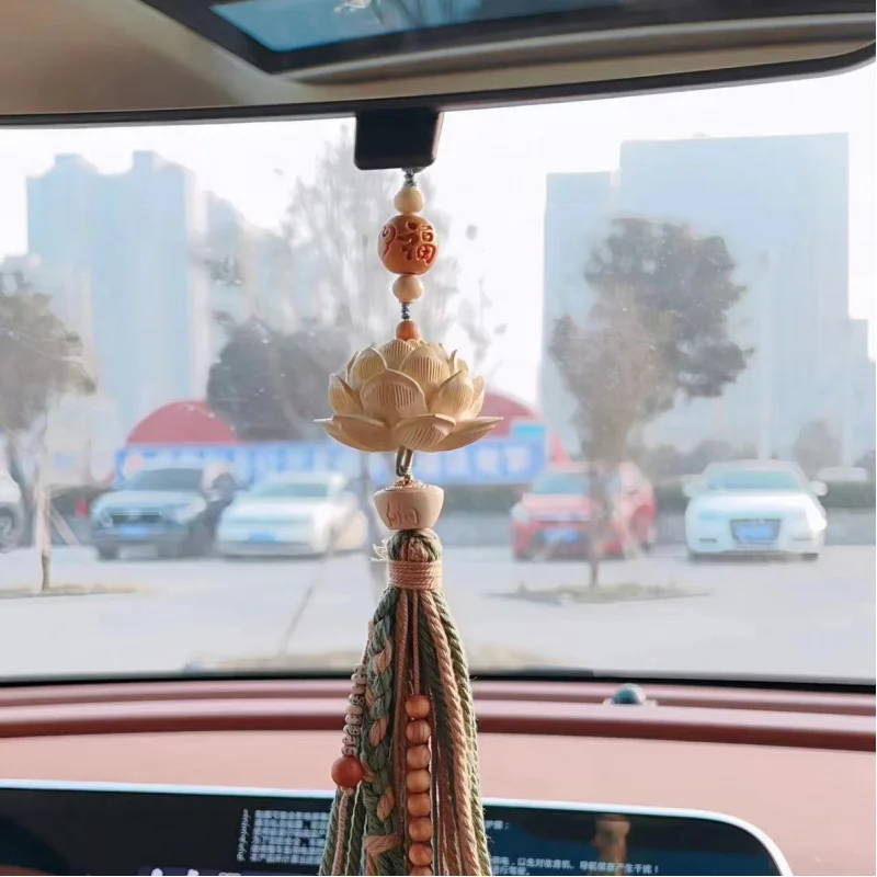 Boxwood Lotus Car Hanging With Green Tassel Drip Arborvitae Round Beads And Ebony Gourd Chinese Car Pendant Lukcy Chamrs