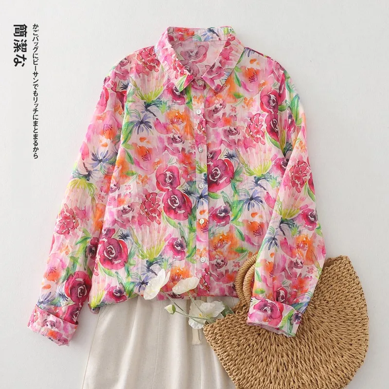 

Spring Autumn New Sle Korean Retro Rose Print Pure Cotton ort Sve Women's Long Sve Loose Casual irt