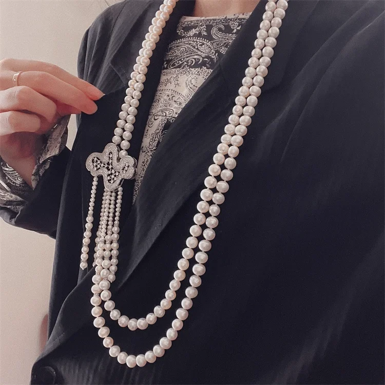 30''-33'' 2 Strands White Pearl CZ Connector Long Necklace