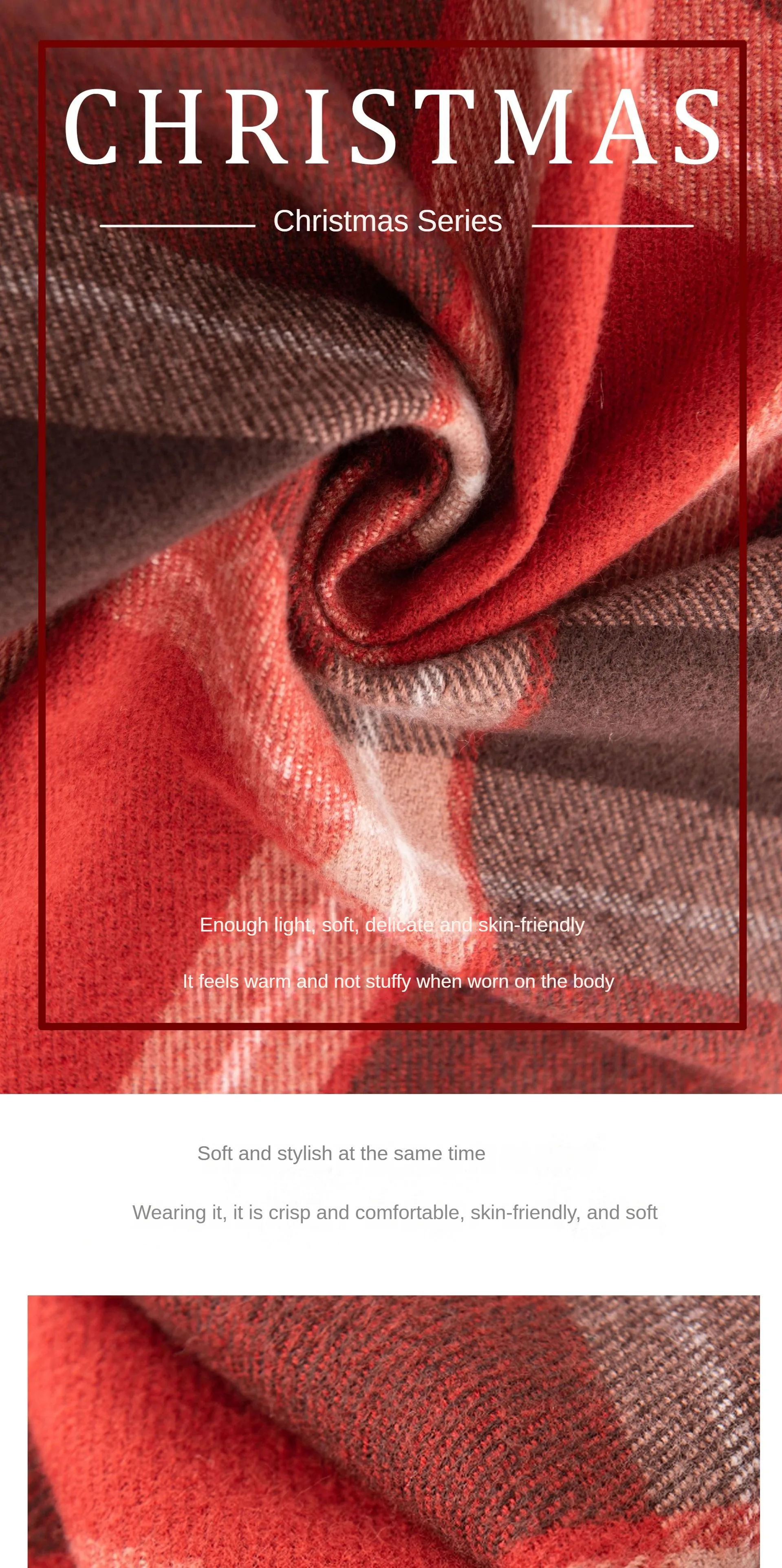 Weihnachtsroter Schal für Frauen, Kaschmirimitat, kariert, bedruckt, Plüschschal, Trend, hochwertiger warmer Schal, Quastenschals – Detail 1