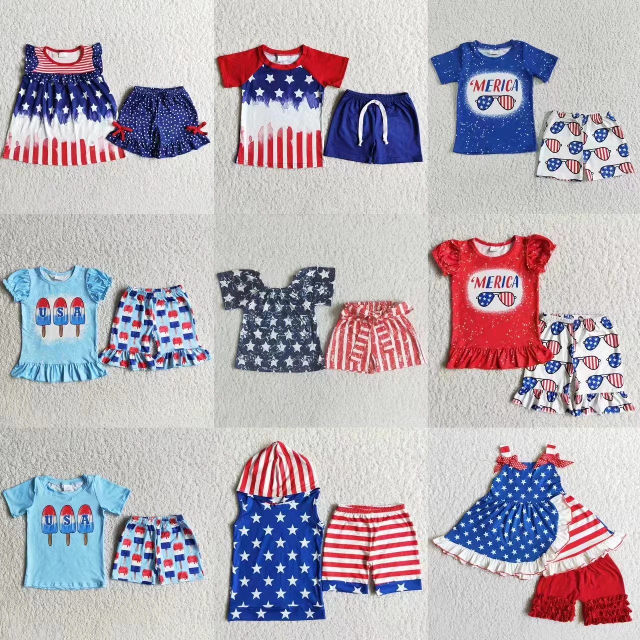 

Wholesale Baby Boy Girl Short Sleeves Shirt Tops Shorts July 4th Summer Children Infant Toddler Stars Stripes Clothes