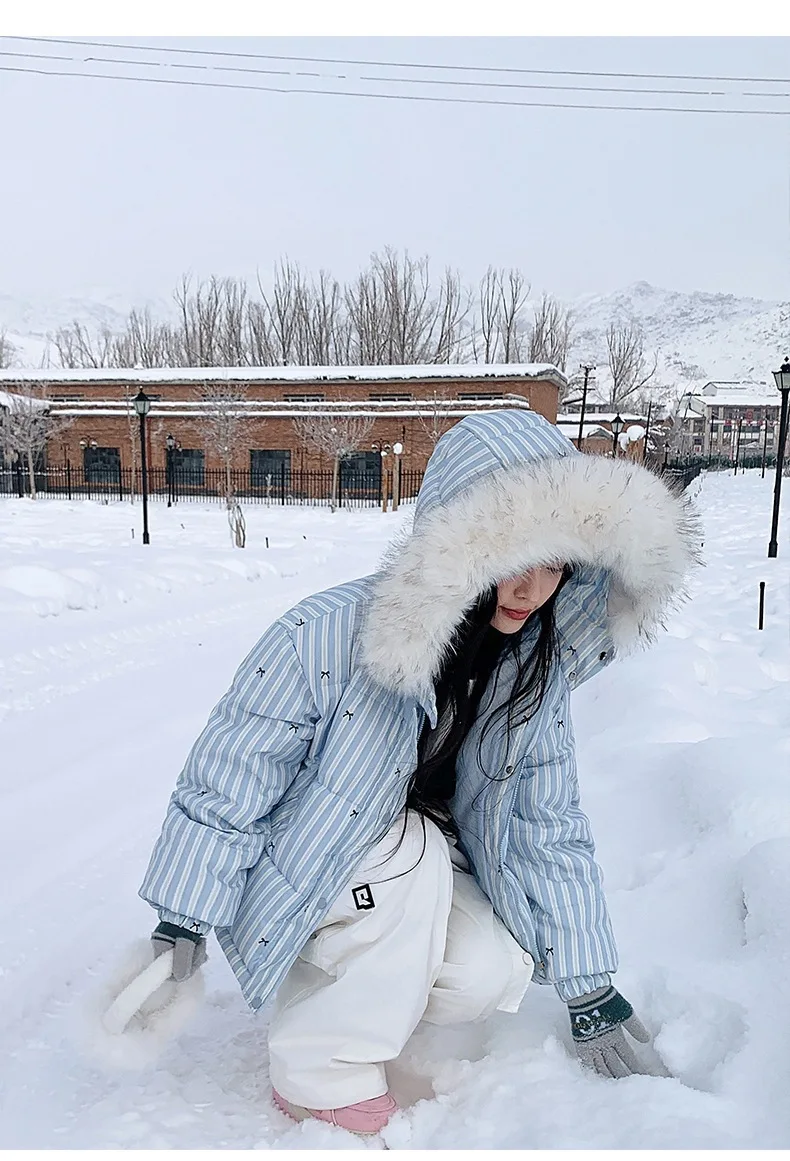 Korean Striped Bow Pattern Cropped Padded Jacket for Women Winter Hooded Coat with Faux Fur Collar Woman Sweet Thick Warm Parkas