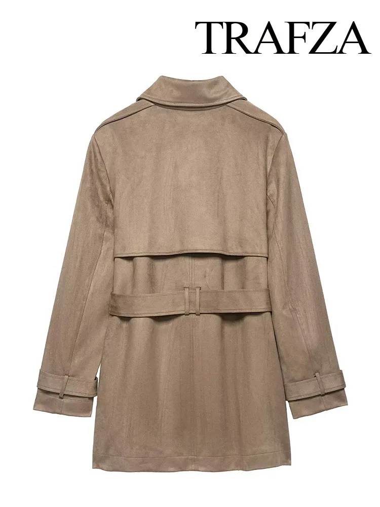 

TRAFZA Female Autumn Street Style Fashion Coat Women Faux Leather Windcoat Casual Lapel Double-Breasted Pocket Decorate Overcoat
