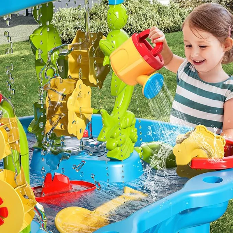 Tavolo per acqua di sabbia per bambini TEMI. 3 livelli. Stagno per docce pioggia. Gioco sensoriale. Giocattolo estivo da spiaggia per i più piccoli.