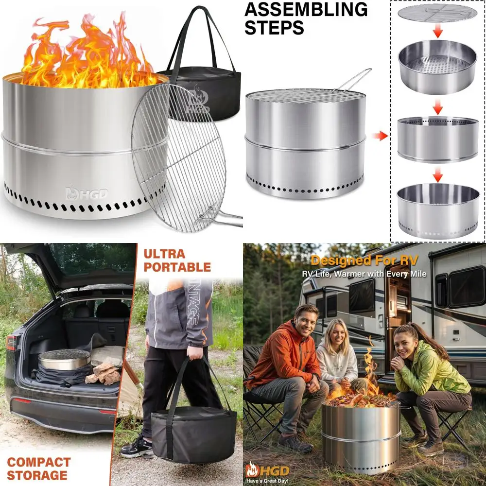 

portable 19.5" stainless steel wood-burning fire pit with grill for outdoor and camping use