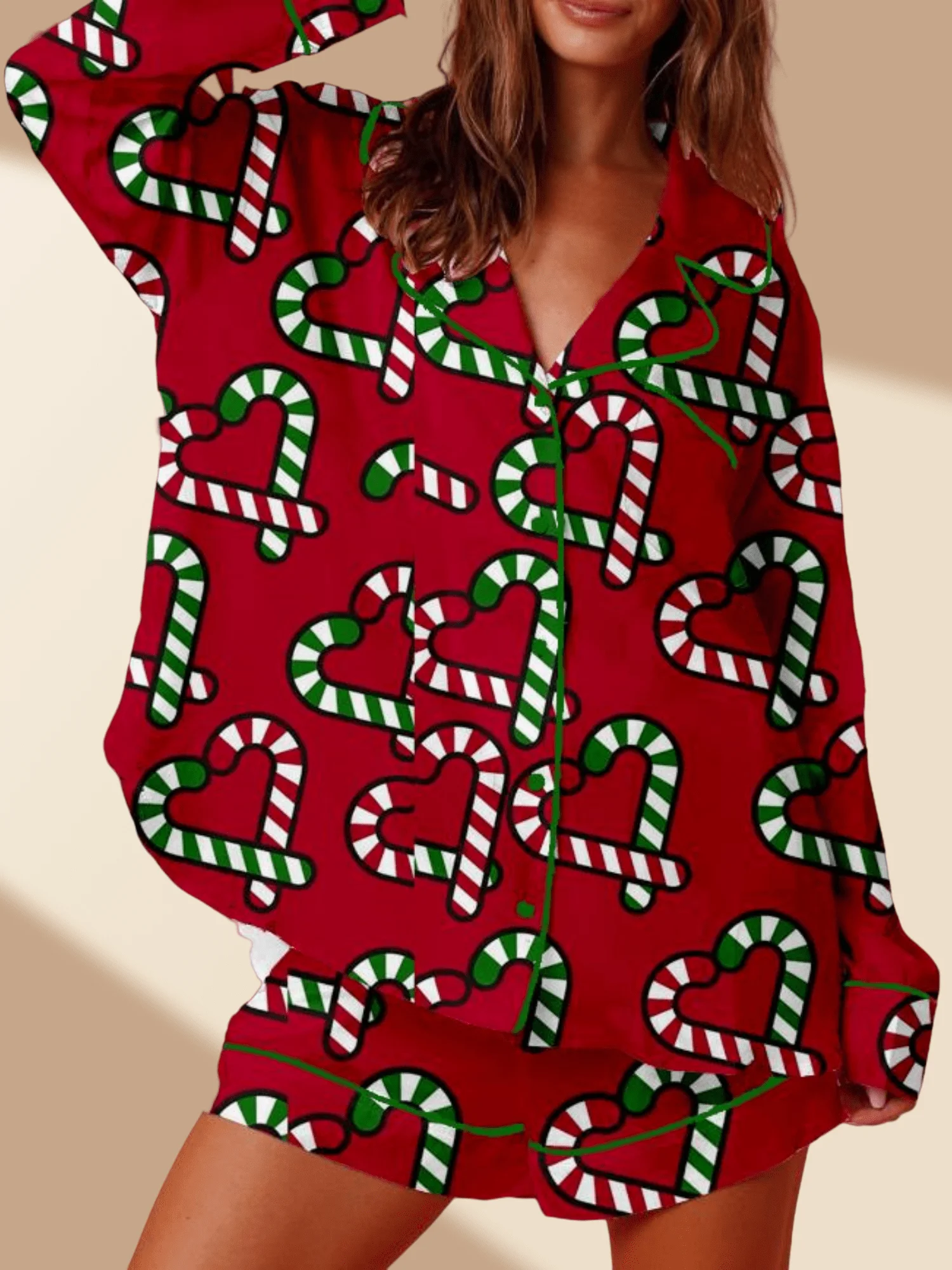 

Women Christmas Candy Cane Print Pajama Set Long Sleeve Button Down Top And Shorts Sleepwear
