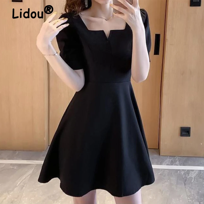 

Square Collar Puff Sleeves Black Waist Dress Short Sleeve High Waisted for Female 2022 Summer Women's Elegant Korean Style Dress