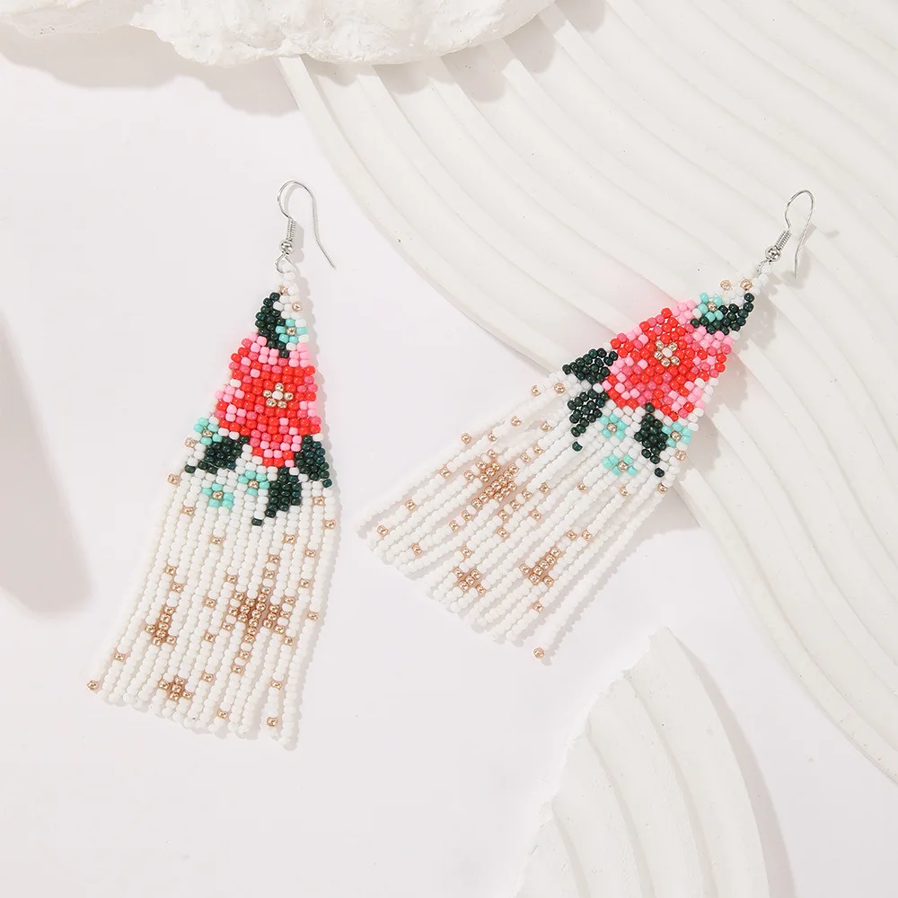 Beaded earrings Tassel Originality Flowers Design Intersperse Hand knitting Bohemia Alloy Tide Simple Rice bead earrings