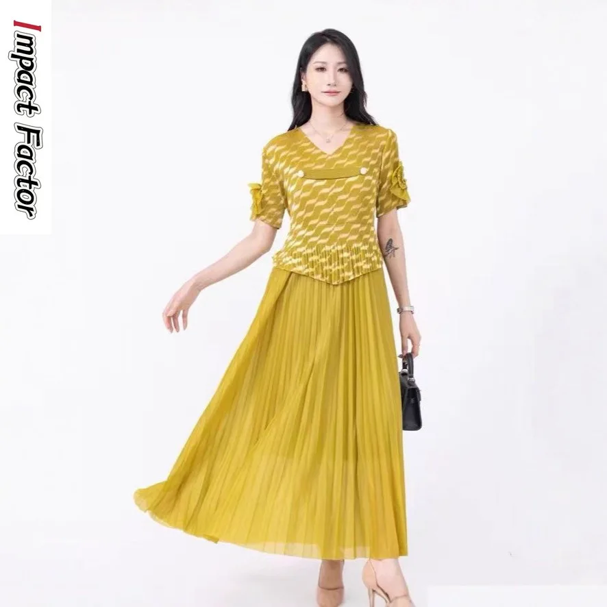 

Miyake Африканское свободное плиссированное новое бронзовое платье, тонкое и высококачественное летнее платье среднего и длинного размера для женщин