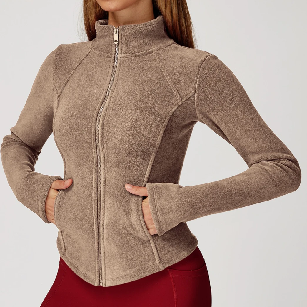 Sherpa Fleece Yoga Jacket Zipper Gym Workout Jackets for Women Slim Fit Sports Jacket with Pockets Warm Trainning Outfits Coat