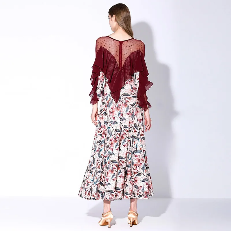 ที่กําหนดเองโมเดิร์นเต้นรําเครื่องแต่งกายมาตรฐานแห่งชาติDancerชุดพิมพ์แขนยาวและLotus Leaf Ballroom Danceเครื่องแต่งกาย