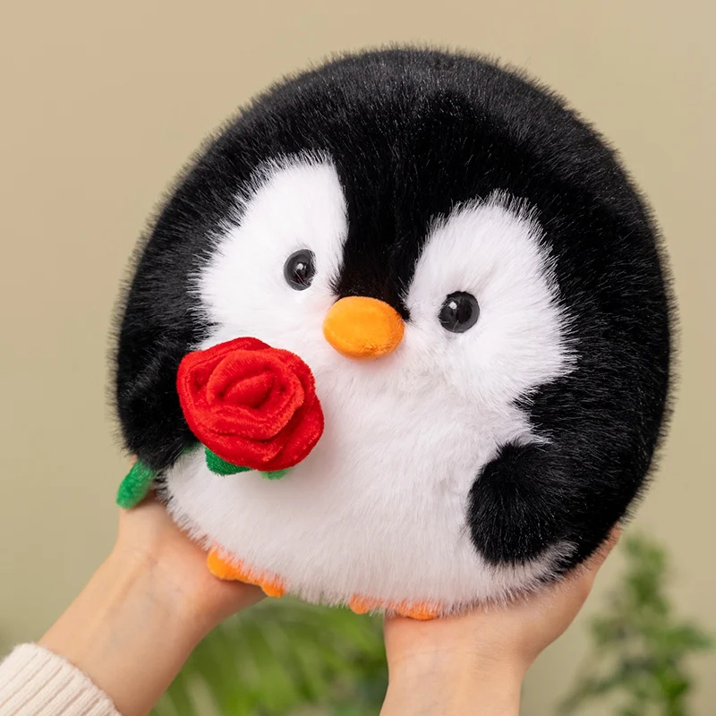 20cm Ball Penguin Pillow Stuffed Long Plush Kawaii Animal Grey Black Cartoon Plushie Peluche Holding Red Rose Flower Gift