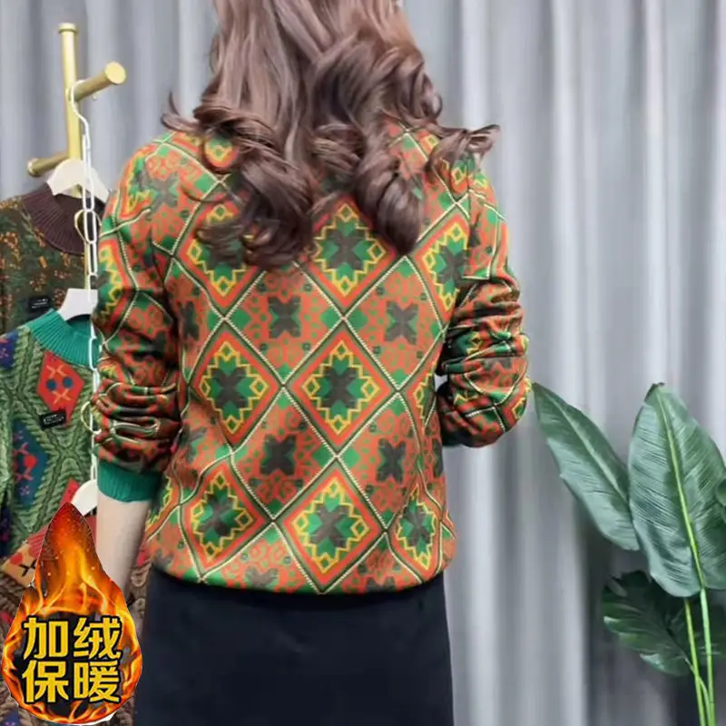 Women's Printed Vintage Thick Long Sleeve Tops 2023 Autumn Winter Fashion Korean Half High Collar Casual Warm T-shirt Pullovers