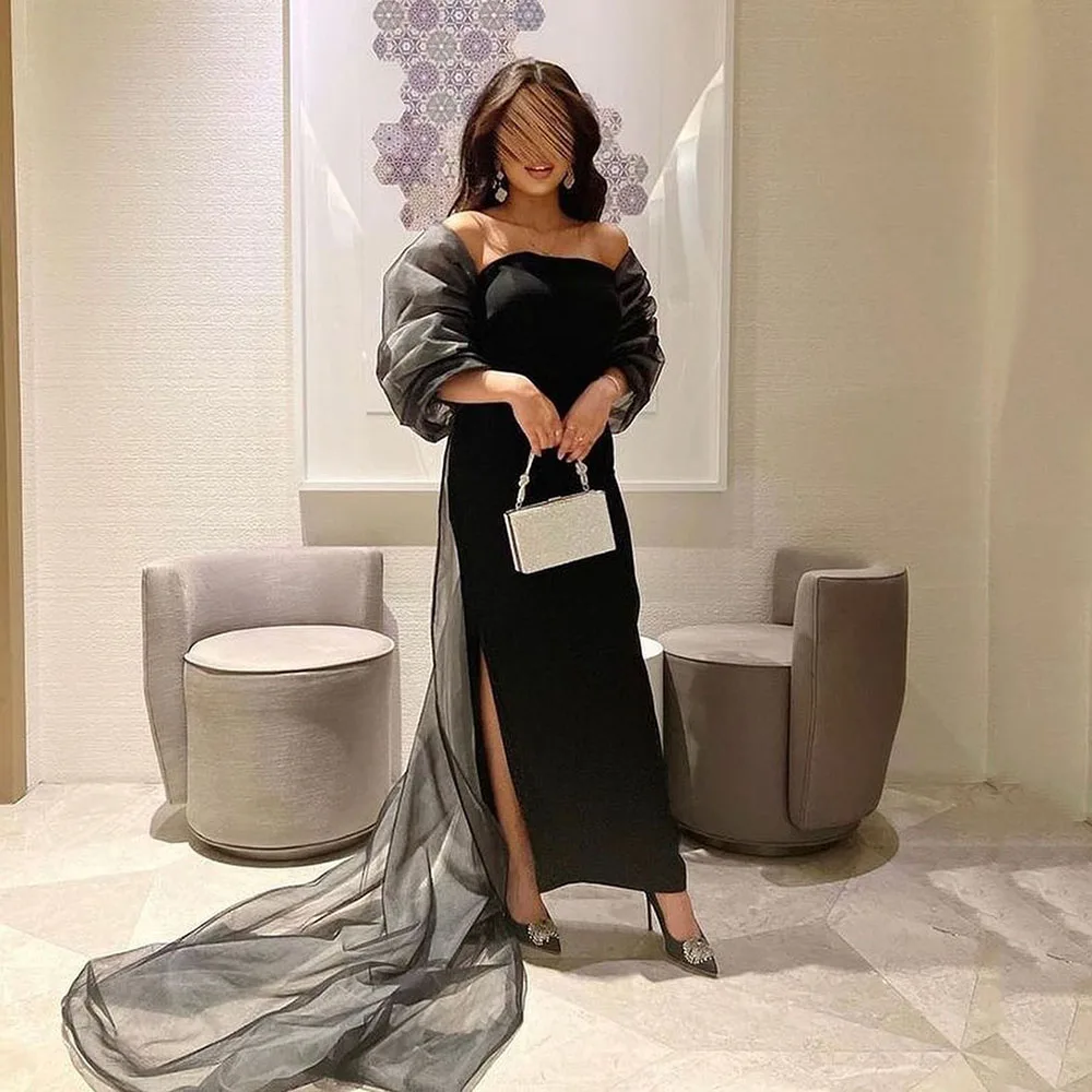 

Msikoods Black Satin Formal Prom Gowns Women Long Cap Sleeves Evening Party Dresses Side Split Arabic Special Occasion Dress