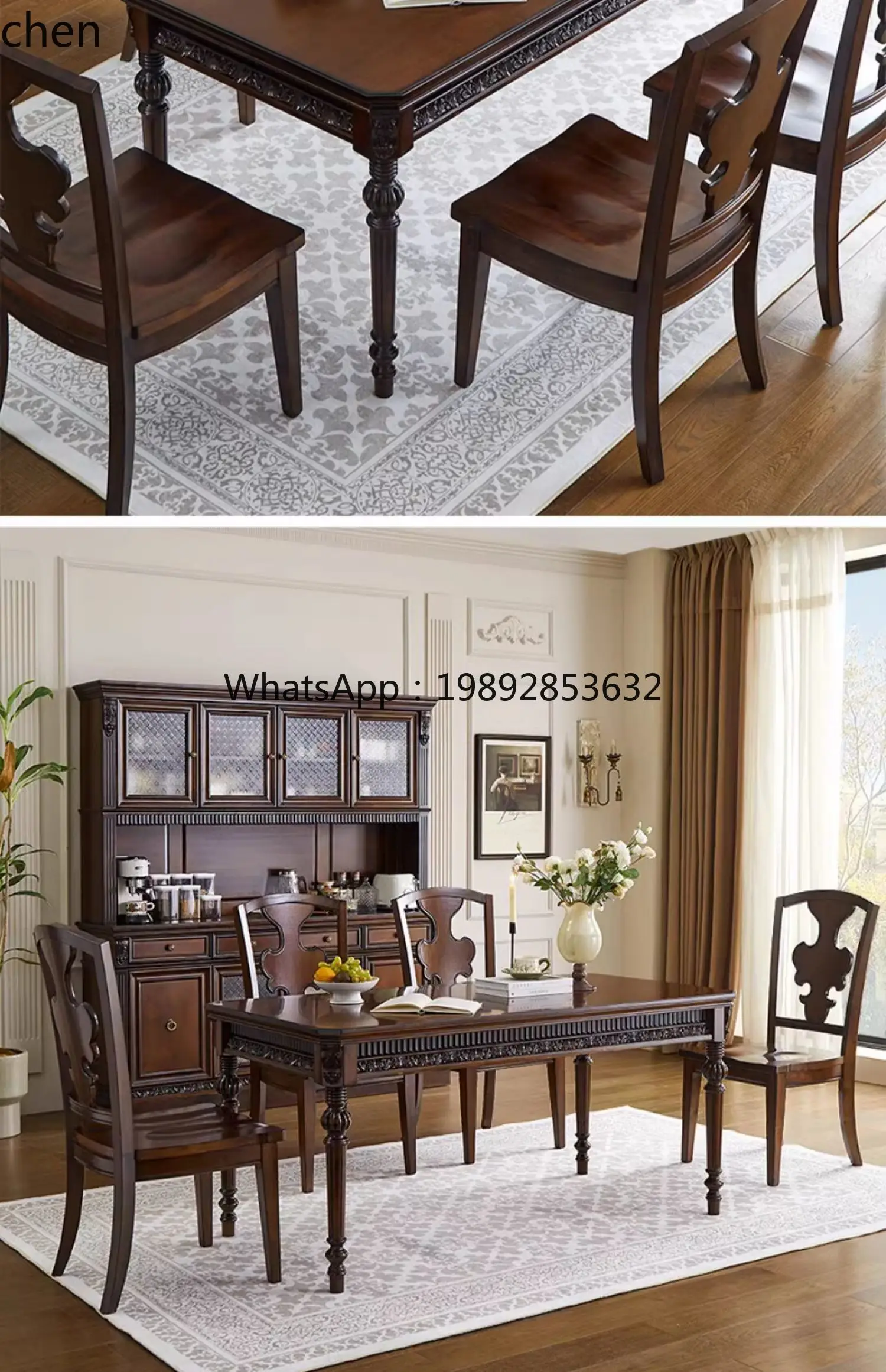 pure solid wood dining table and chair combination carved  log rectangular large apartment restaurant household dining table