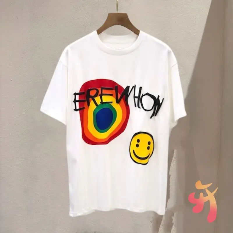 High Quality Cotton CPFM T-shirt Rainbow Foam Yellow Face Printed Short Sleeve Tops Fashion Street Kanye Men Women White Tshirts