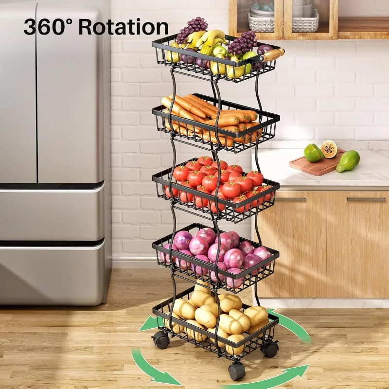 5 Tier Fruit Basket for Kitchen, Stackable Fruit and Vegetable Wire Basket with Wheels for Banana Onions and Potatoes Storage