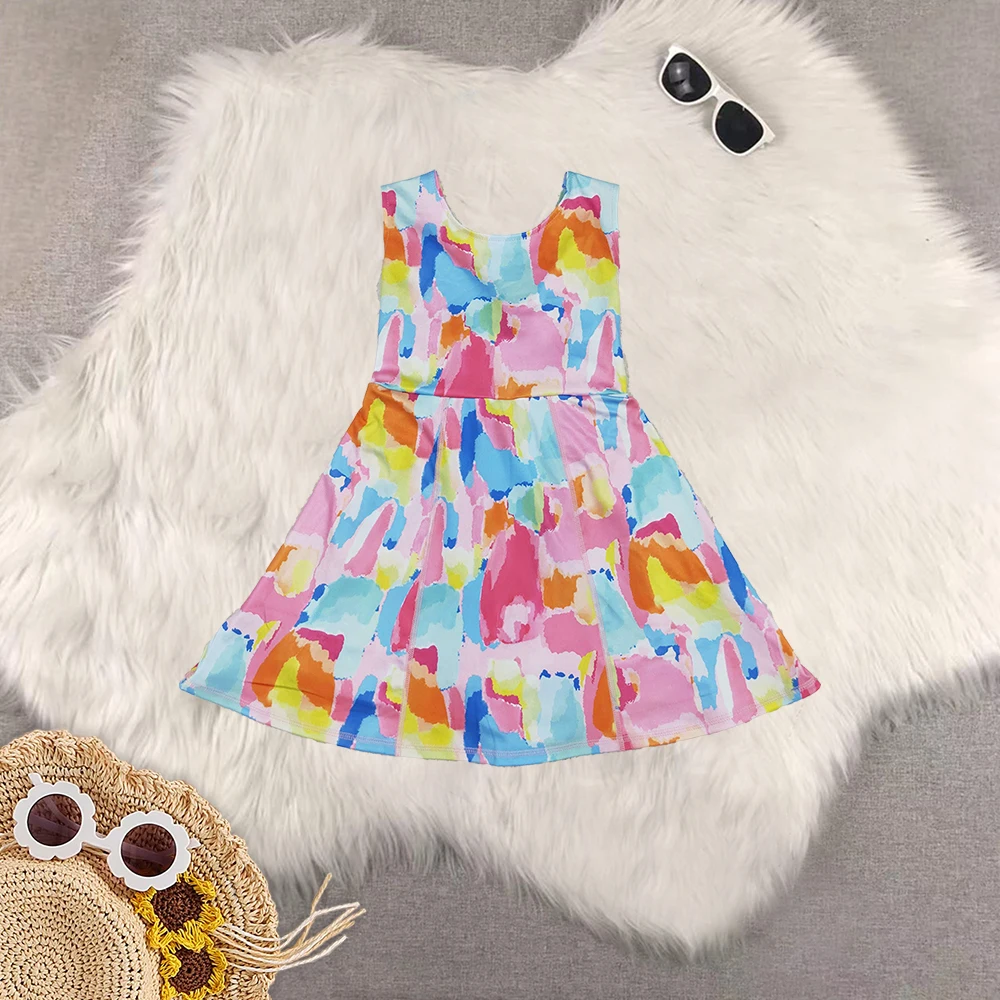

8.28 Baby Girls Summer Sleeveless Watercolor Yoga Short Knee Length Dresses