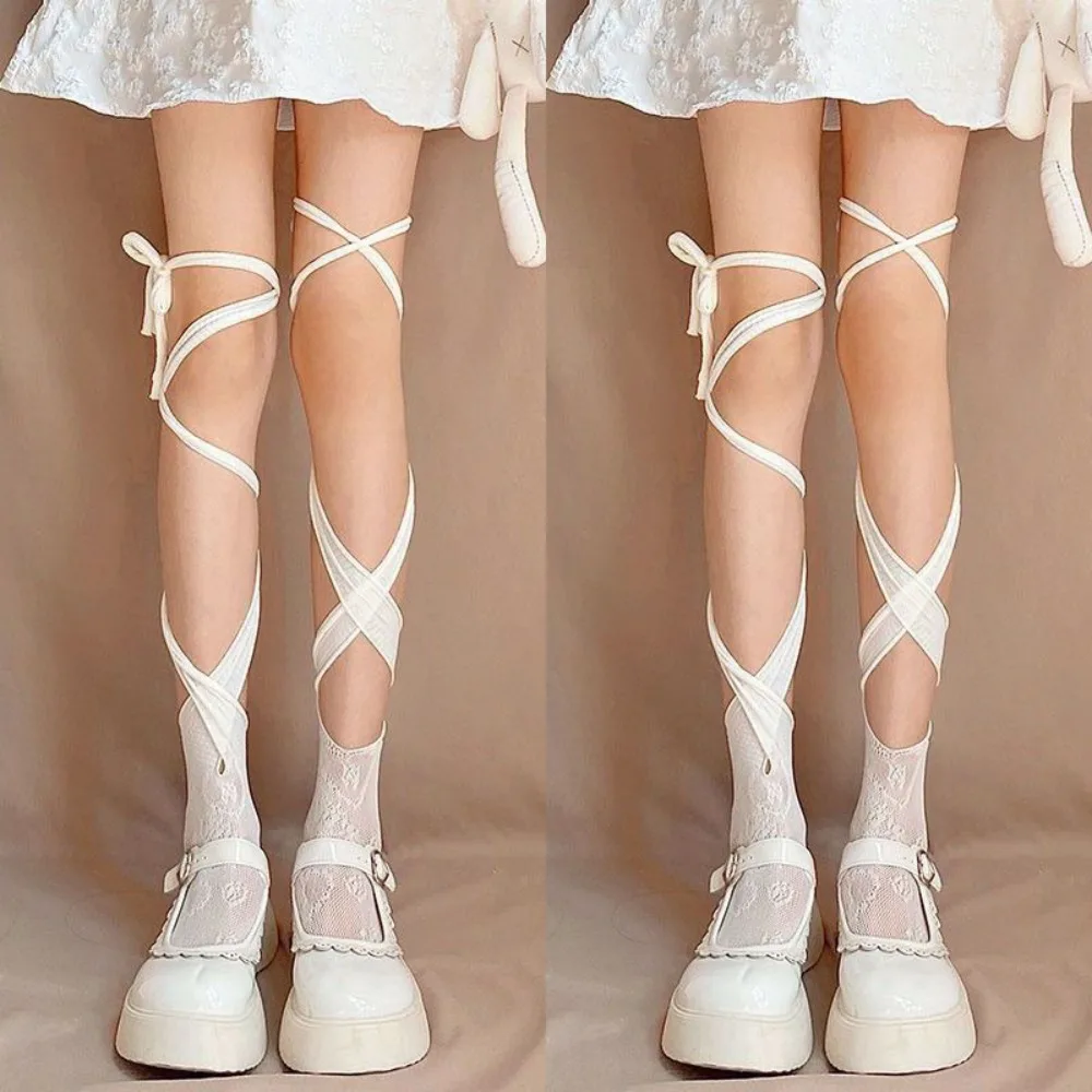 

2Pairs Irregular Straps JK Lace-up Stockings Hollow Mesh Lolita Lace Stockings Fishnet Spicy Girl Style Mid Tube Socks Women