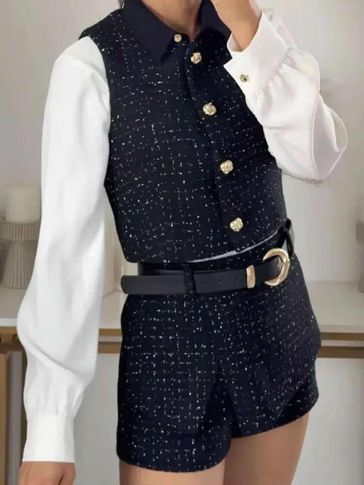 HH Female Set Black O-Neck Sleeveless Button Single Breasted Waistcoat+High Waist Belt Shorts Summer Suit Woman 2024 Trendy