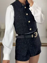 HH Female Set Black O-Neck Sleeveless Button Single Breasted Waistcoat+High Waist Belt Shorts Summer Suit Woman 2024 Trendy