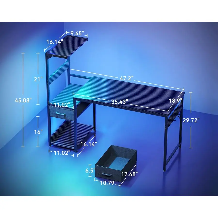 Mesa de Jogos de 48 Polegadas com Armazenamento e Luzes LED, Mesa de Computador Reversível com Prateleiras e Gaveta de Tecido, Gamer Moderno