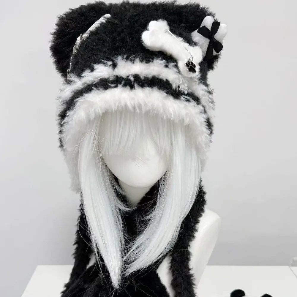 

Spicy Girls Fluffy Gothic Harajuku Hat Knitted Punk Lolita Hat Y2K Style Little Bone Cross Star Beanie Hat