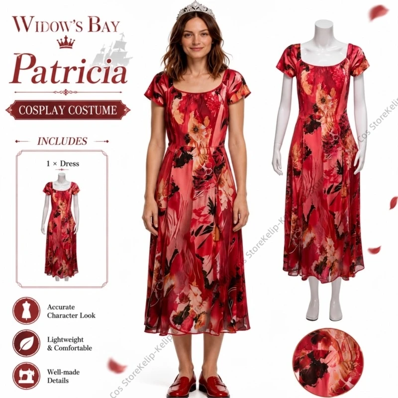 Widow Bay Cosplay Costume Red Watercolor Print Dress Tiara Horror TV Outfit Halloween Comic Con Party