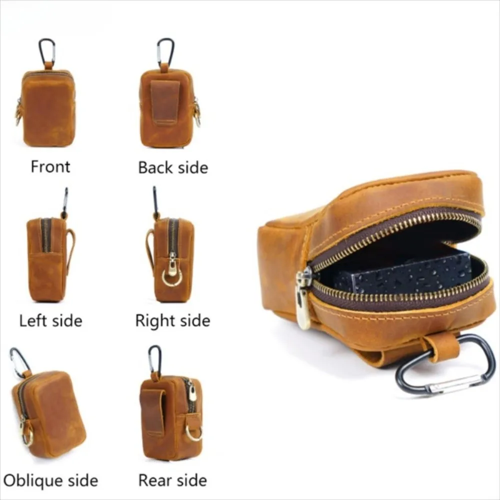 New Mini Leather Waist Pack Solid Color Waterproof Belt Waist Bag Zipper Key Holder Hook Design Key Wallet Men's Accessories