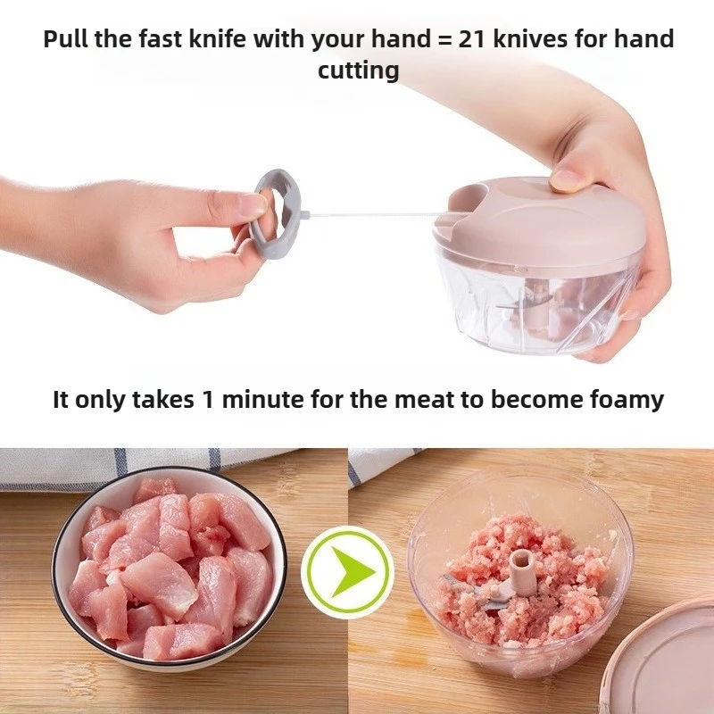مفرمة يدوية 500/900 مل، مفرمة لحم، محضر طعام دوار، سهل السحب، شفرة حادة، بصل، بيضة، ميلك شيك، أداة صغيرة للمطبخ