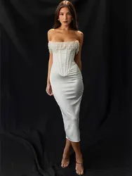 GACVGA Pearl Tassel Sexy Midi-Long Dress For Women Fashion Outfits Strapless Backless Sexy Bodycon Club Party Evening Dress