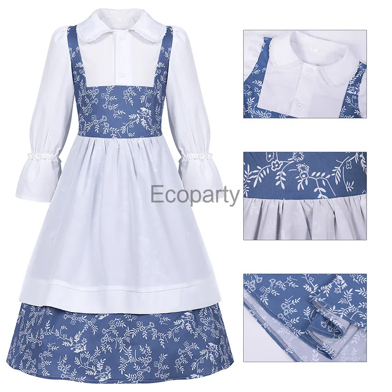 Kinderen Middeleeuwse Renaissance Civiele Kostuum Vintage Europese Kolonisatie Civiele Jurken Voor Meisjes Kinderen Blauwe Meid Outfits