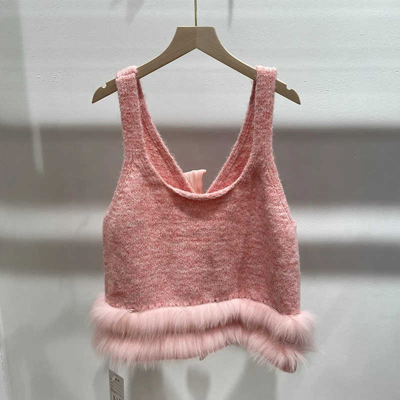 Two Side Wear Pink Real Fox Fur Spaghetti Strap Sweater Girl's Cute Spring Knitted Camisole Vest