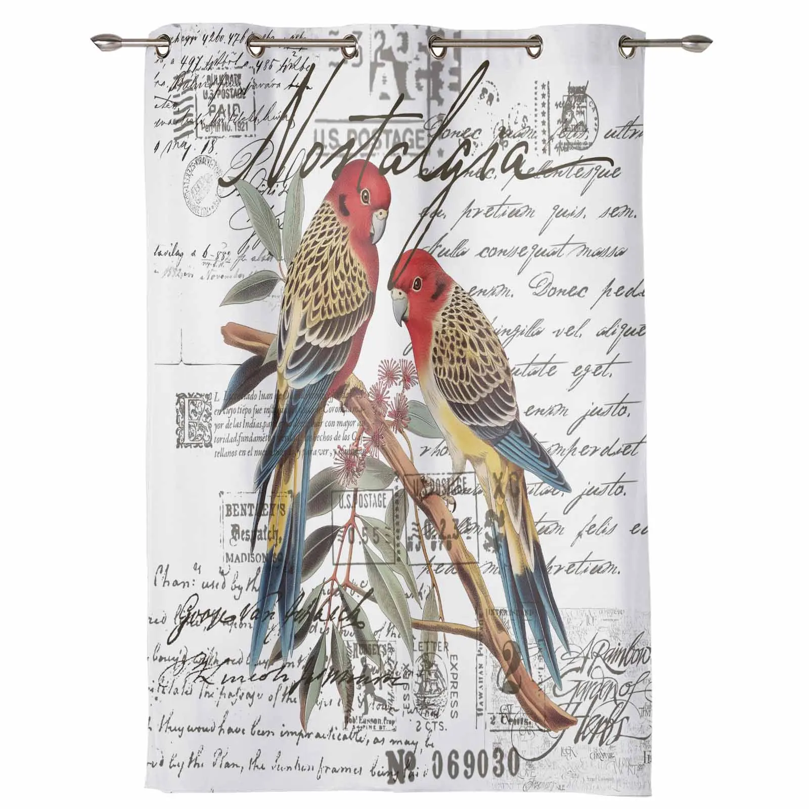 Vintage Bird Hand Drawn Envelope Postmark Outdoor Curtain For Garden Patio Drapes Bedroom Living Room Kitchen Window Curtain