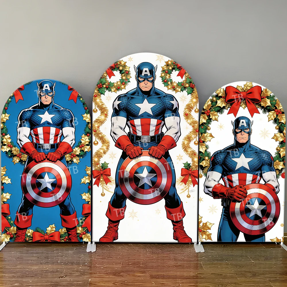 

Captain America Christmas Wreath Theme Arch Backdrop Cover Festive Hero Scene For Kids Birthday Baby Shower Photo Booth Decor
