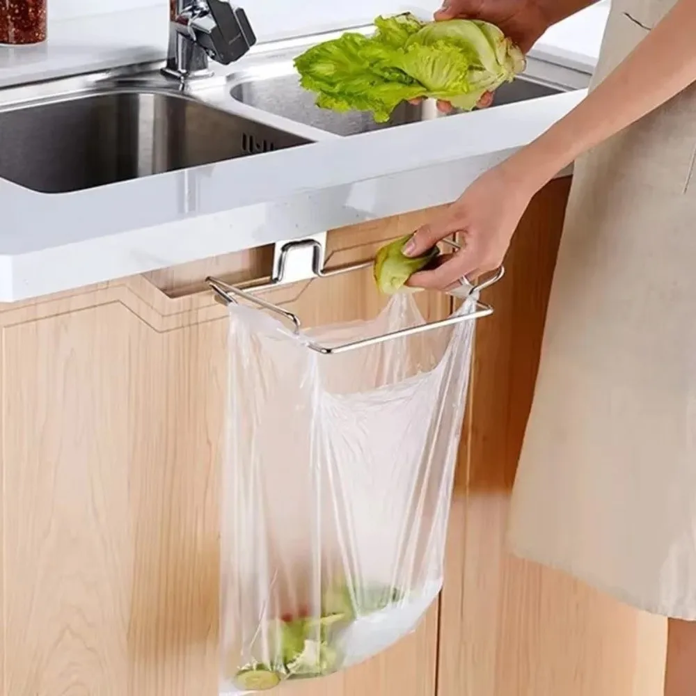 

New Stainless Steel Kitchen Trash Rack Metal Construction Rectangular Garbage Storage Multifunction Trash Bag Holder Office Use