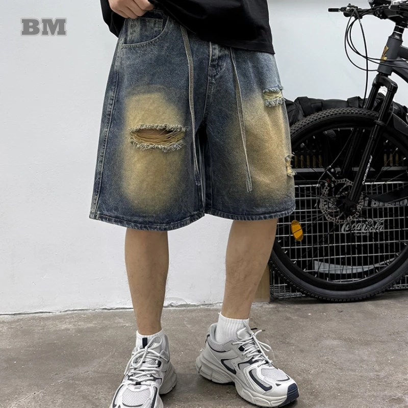 

Korean Vintage Jorts For Men Loose Fit Straight Leg Distressed Denim Shorts Summer Hip Hop Streetwear Mid Length Ripped Jeans