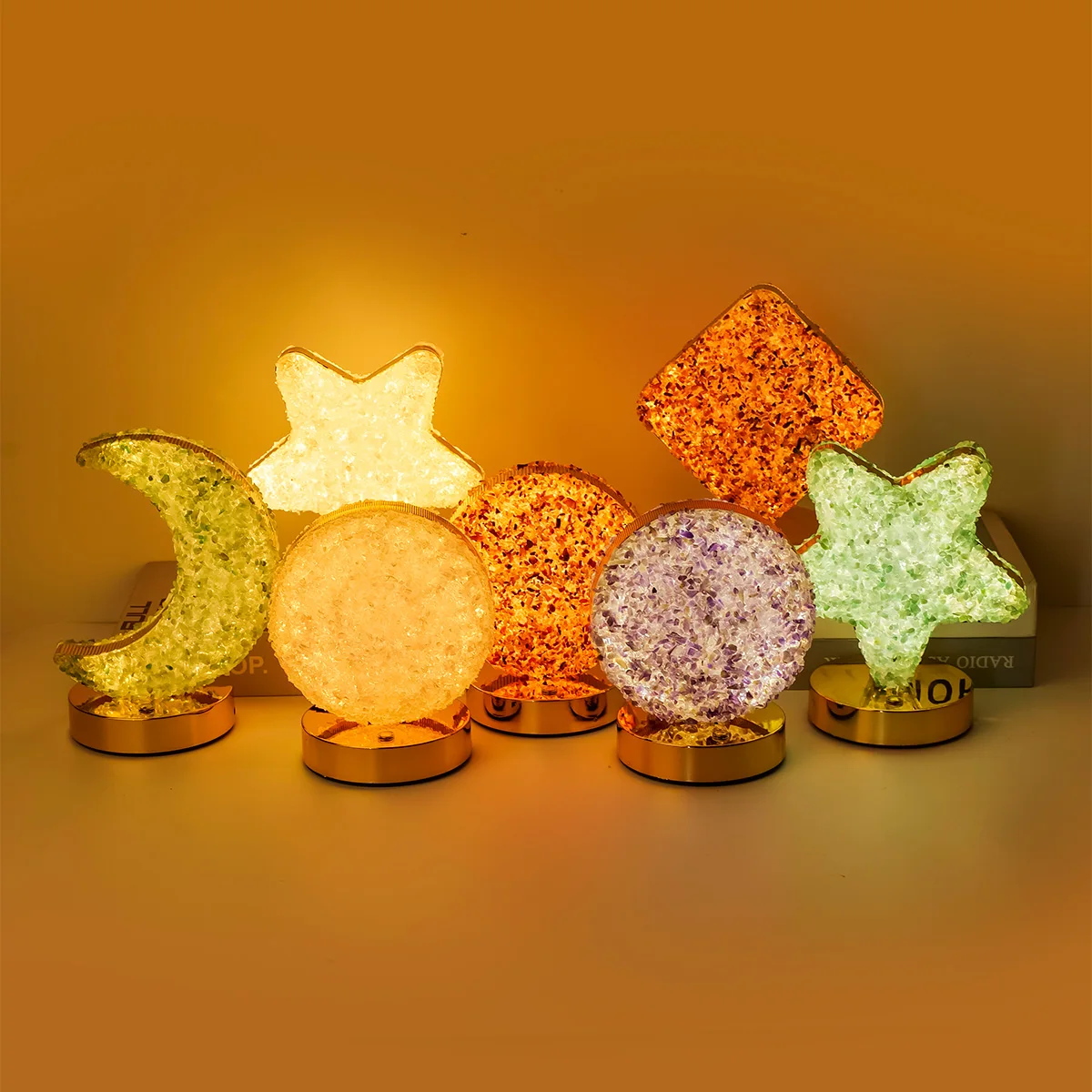 Natural Crystal Gravel LED Night Light Moon Star Square Shape USB Recharge Bedside Table Lamp Chakra Home Decor Birthday Gift