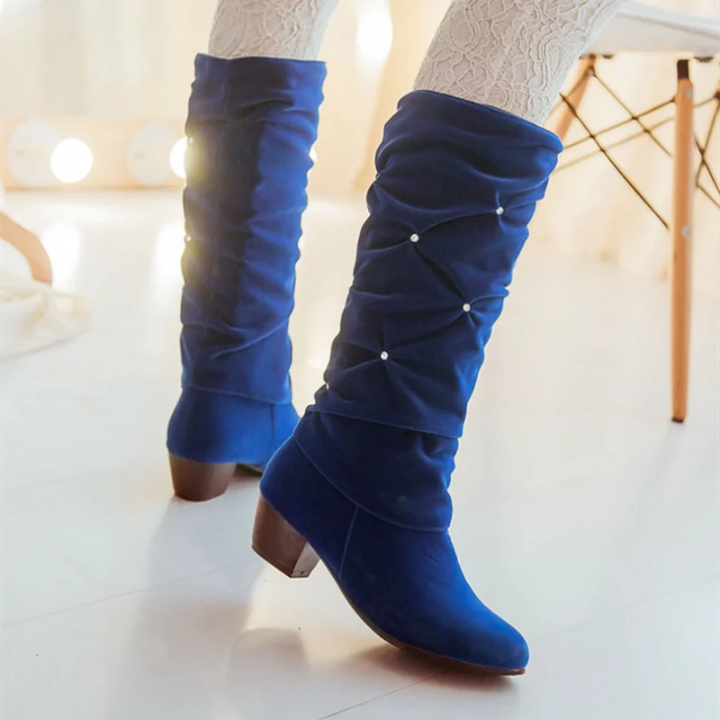 Women Spring Red Blue Black Motorcycle Boots Pleated Slip-On Knee-Height Botas Long Flock Shoes Chunky 4cm Heels Round Toe 34-43