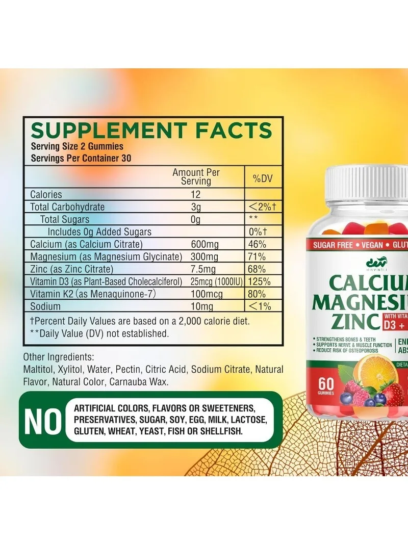 Calcium magnesium zinc gummies contain vitamin D3 and K2- highly effective in enhancing absorption - orange and berry flavors