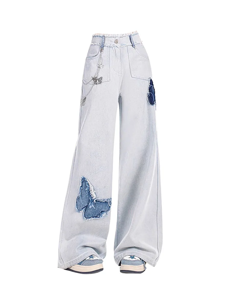 

New Design Denim Trousers High Waist Fashion Full Length Jeans Casual Retro Blue Wide Leg Pants Butterfly Embroidery Cozy Korean