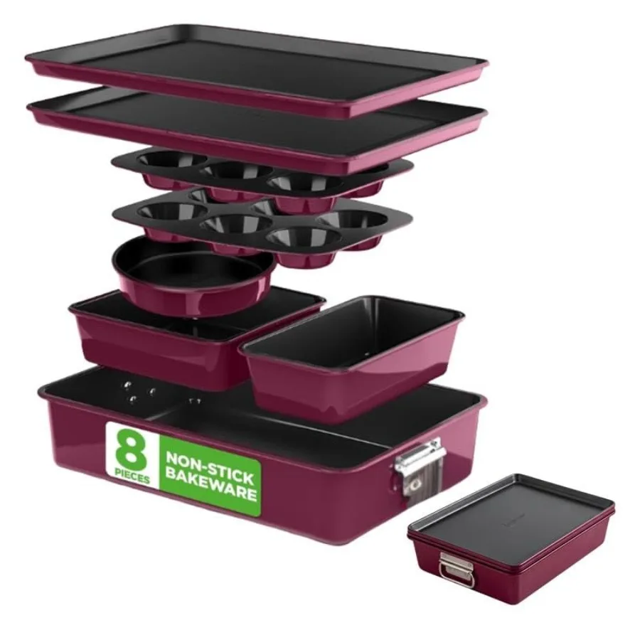 

8-Piece Nonstick Stackable Bakeware Set - PFOA, PFOS, PTFE Free Baking Pan Set w/Non-Stick Coating, 450°F Oven Safe, Round Cake