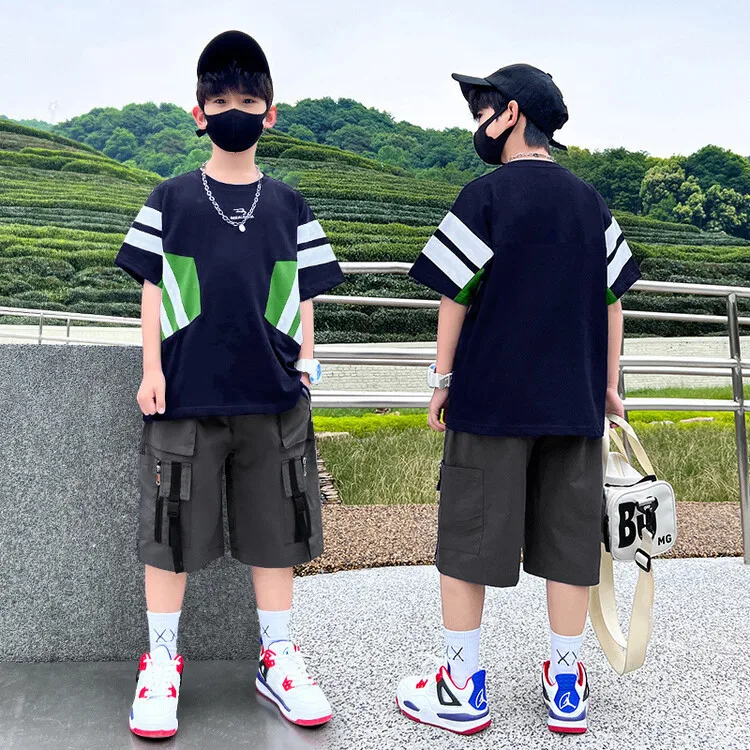 

Boys' Summer Short Suit 2023 Children's Junior Sports Short Sleeve Workwear Pants 2 Piece Set 3-12Y 2023