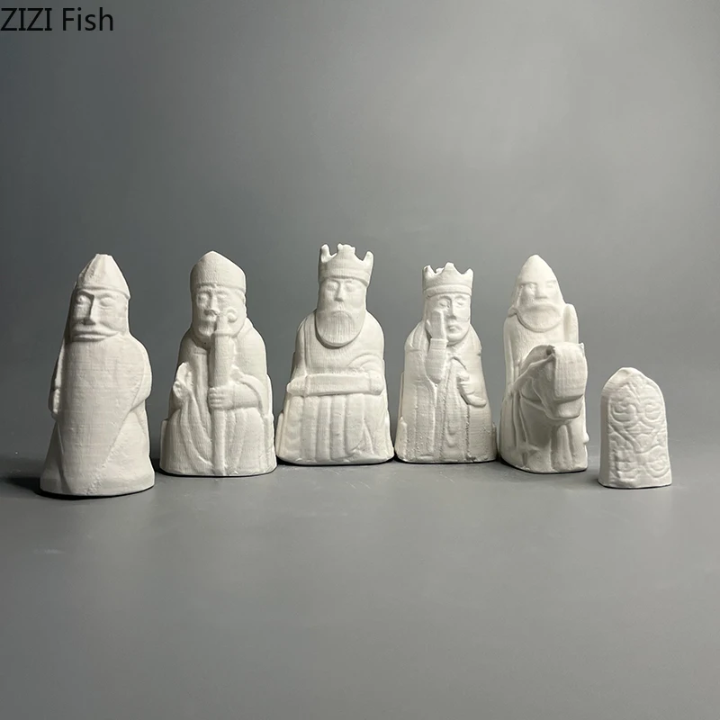 Réplica de ajedrez de Lewis, estatua de yeso, 6 uds., adornos de decoración de mesa, figuras de ilustraciones creativas, escultura, decoración estética para habitación