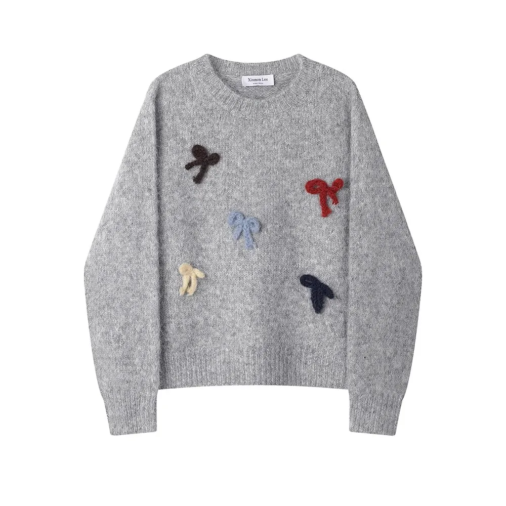 

Soft and Lazy Round-neck Sweater for Autumn and Winter New Korean Style Three-dimensional Bow Sweet Age-reducing Versatile Tops