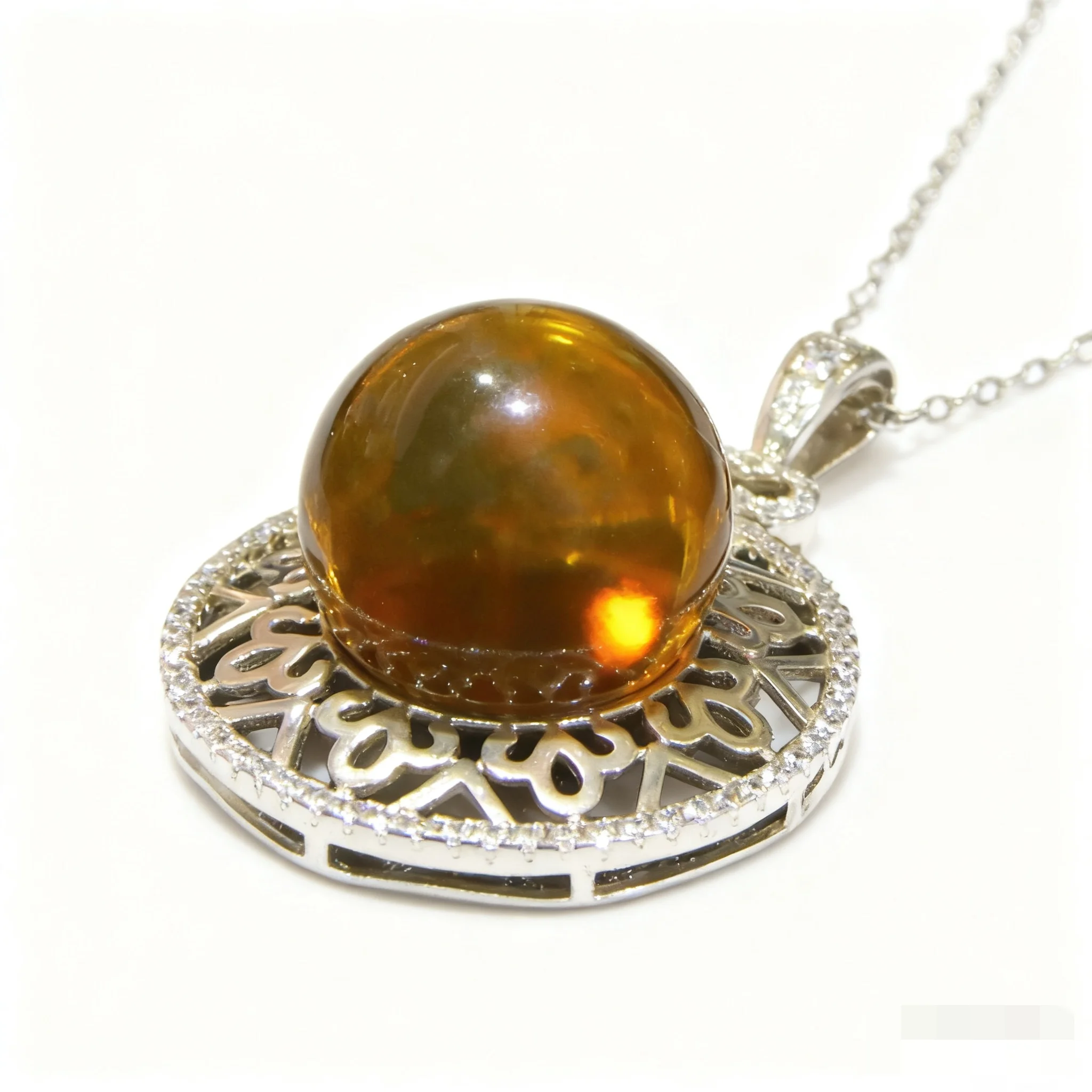 Natural Mexican Blue Amber Pendant 14mm Solid Silver Vintage Filigree Openwork Hollow Floral Design Handmade JewelryGiftforWomen