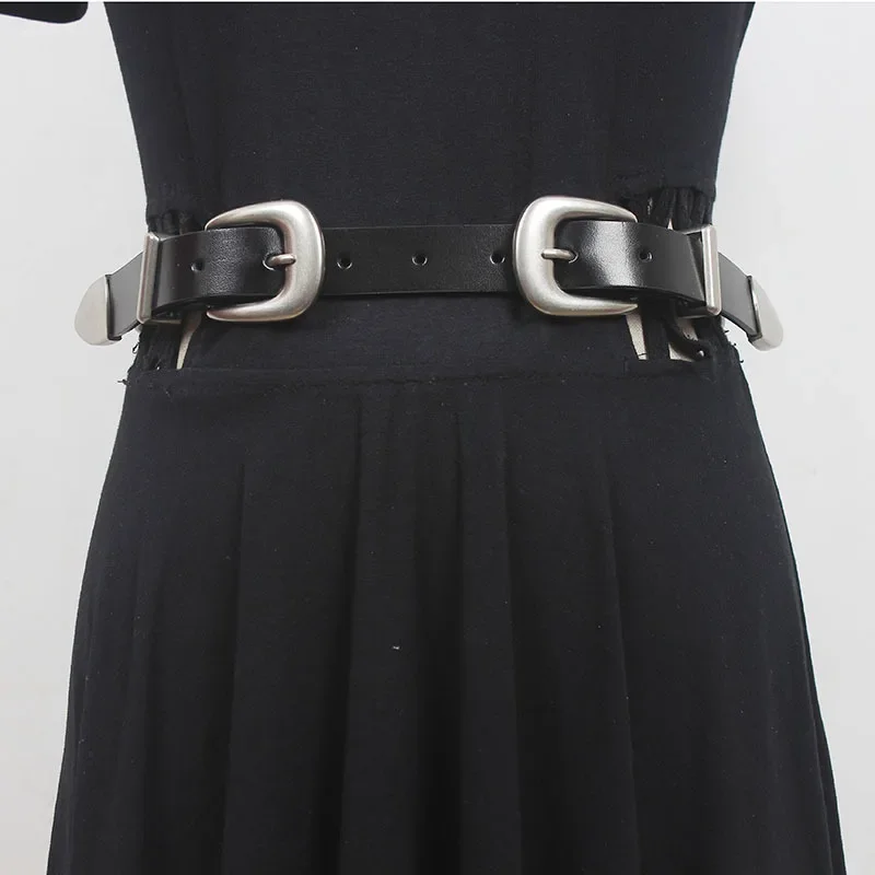 

Ladies' New Retro Belt Women's Genuine leather Decoration Niche Solid Double Needle Buckle Paired With Black Jeans Dress Belt