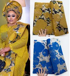 Luxury 2PCS African Sego Headtie Thick Jacquard Gele Wrapper Aso Ebi Head Turban Bonnet Fabric Bandanas Nigeria Cover Headscarf