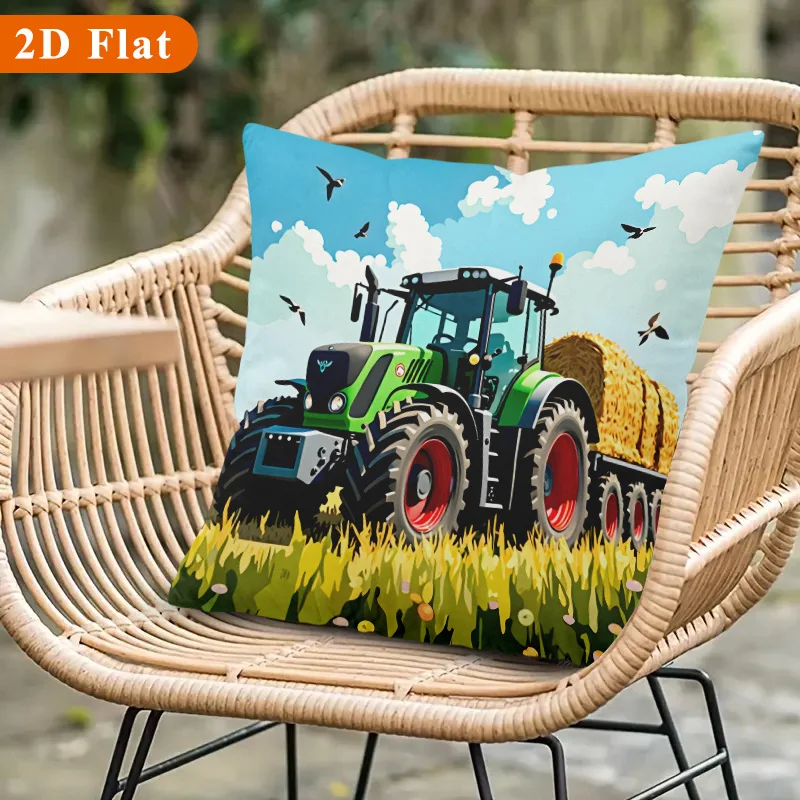 Funda de cojín decorativa de felpa corta con diseño de tractor verde y pacas de heno, estilo campo rural, 2D plana (almohada no incluida), 1 unidad