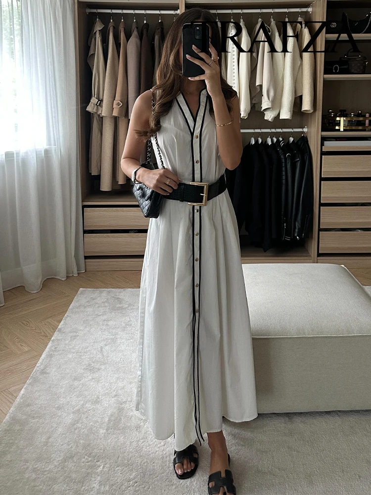 

HH Women Temperature Contrast Single Breasted Trim Poplin Slim Midi Dress Female Elegant Belt High Street Casual Long Dress